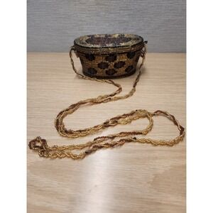 Vintage‎ Seed Bead Hand Beaded Wire Hanging Trinket Box Purse Lidded Brown Gold